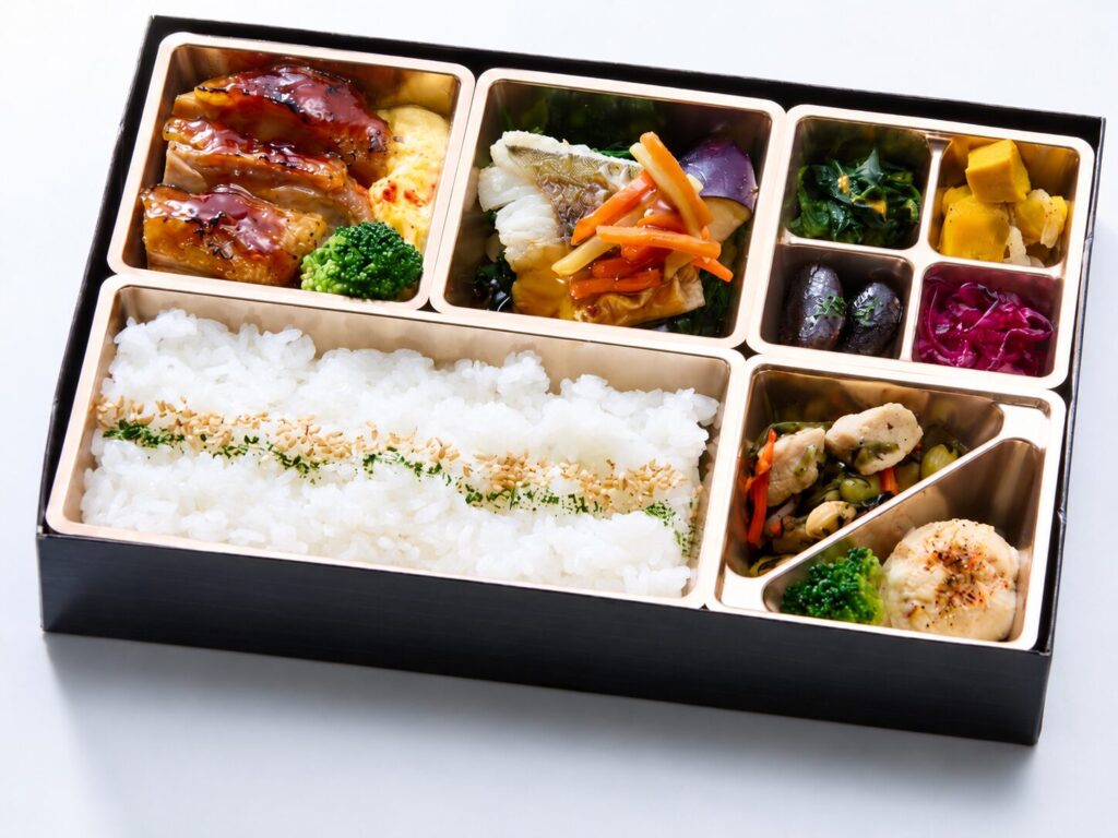 照り焼きチキンステーキと白身魚の和風あんかけ、温野菜と副菜を盛り付けた弁当
