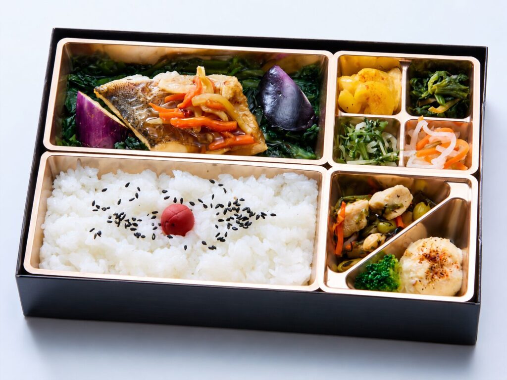 白身魚の和風あんかけと温野菜、副菜を盛り付けた弁当
